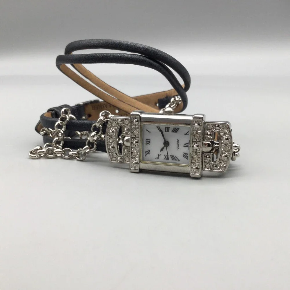 Avon Womens Watch 20mm White Dial Black Wrap Leather Chain Strap New Battery